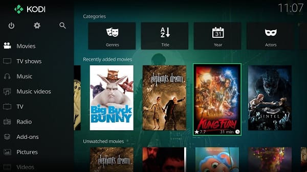 Kodi APK showing diverse entertainment options