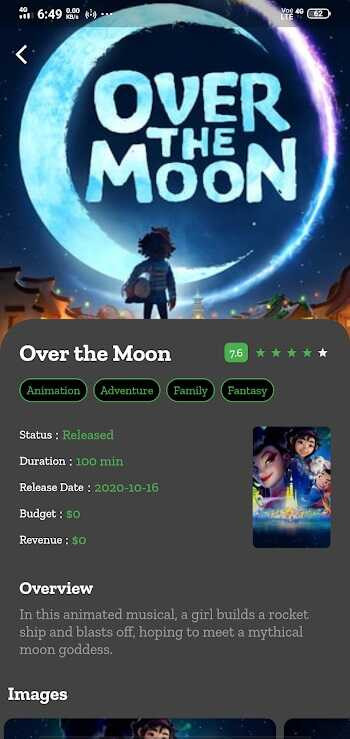 Movies4u APK streaming app interface showing various movie genres