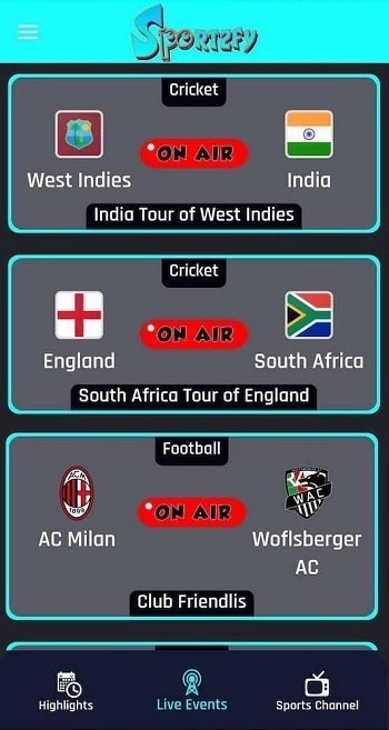 New version of Sportzfy APK featuring interface updates