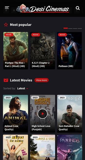 Wide array of movies and shows on Desi Cinema APK