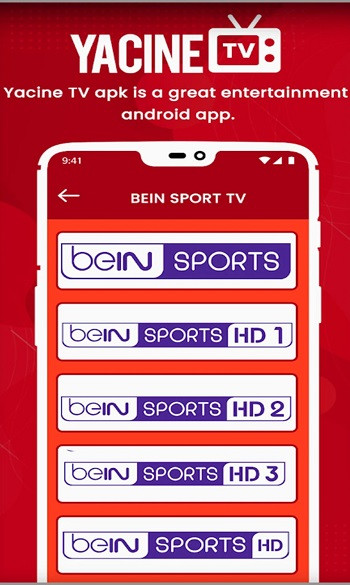 Yacine TV showcasing broad sports coverage in multiple languages